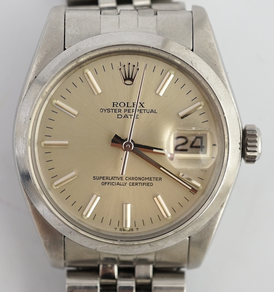 A gentleman's late 1970's/early 1980's stainless steel Rolex Oyster Perpetual Date wrist watch, on a stainless steel Rolex bracelet